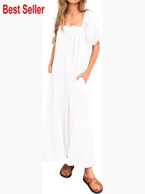 Maternity Maxi Dress with Puff Sleeves Square Neck Pockets Flowy